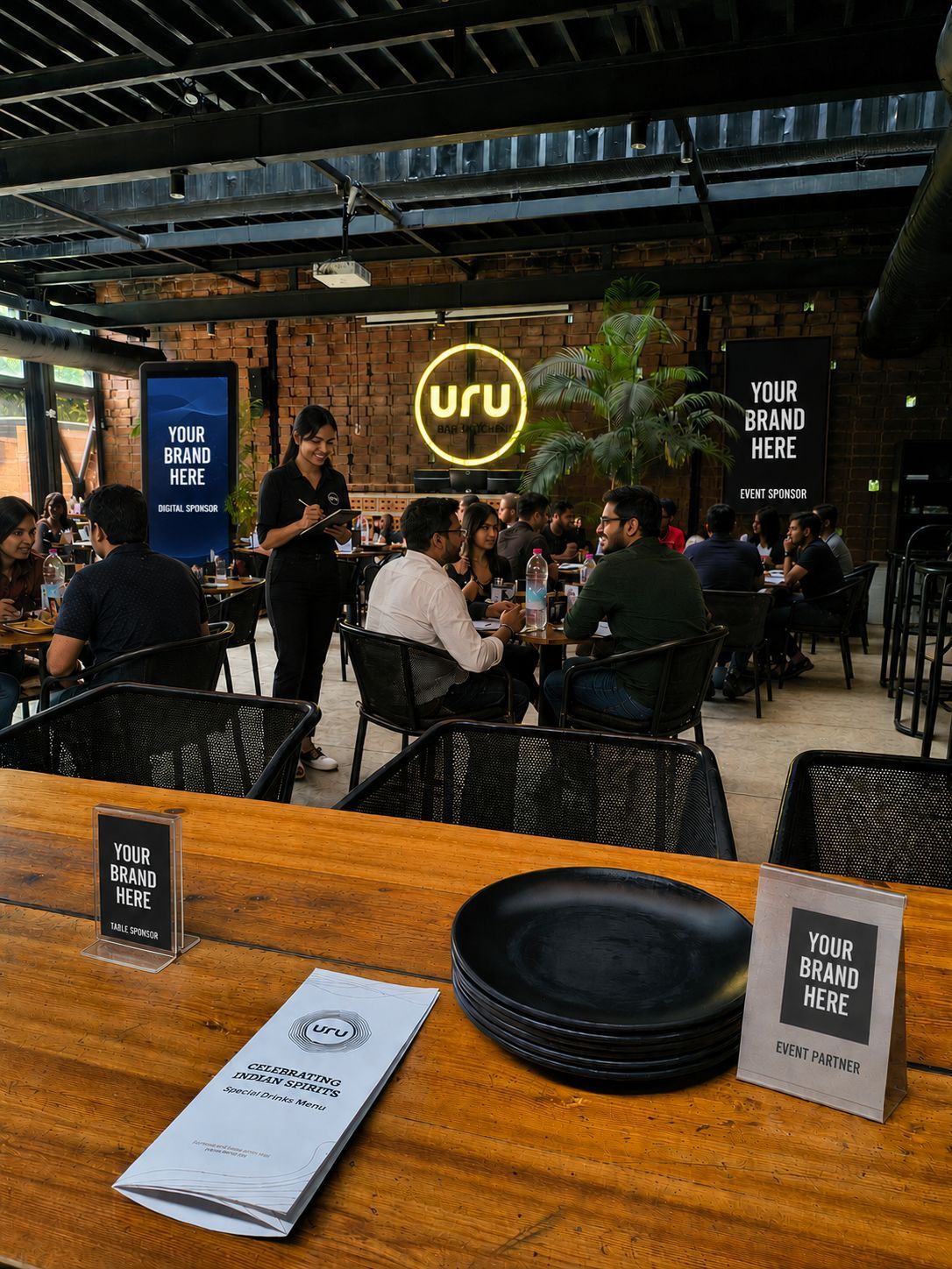 A
              render of the URU room with the branded placement slots marked YOUR BRAND HERE: a
              digital screen, a wall banner, and tent cards on the tables.